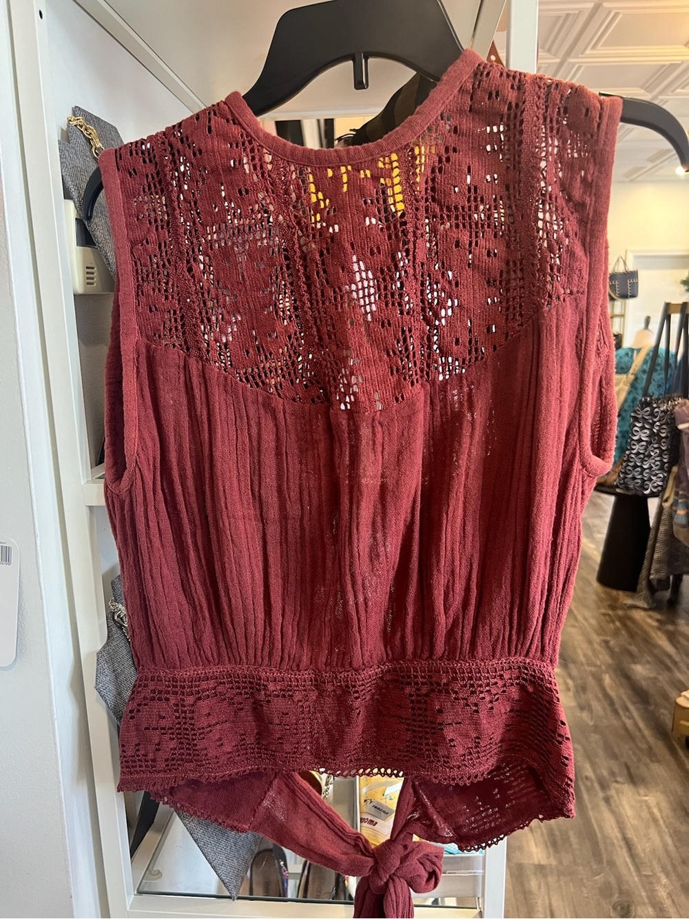 Jen's Pirate Booty Wine Crochet Yoke Tie-Front Camisole